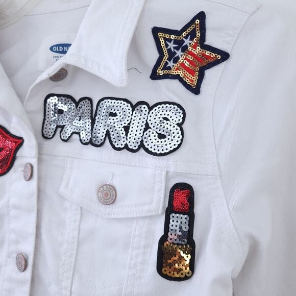 Old Navy White Jean Jacket XS Patches Paris, Makeup, Lips, Diamond, Lov, SO FUN! - Picture 4 of 6